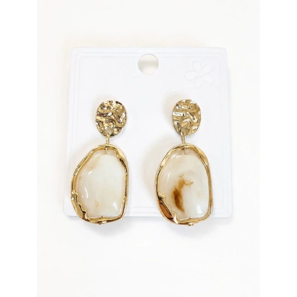 Gold Tone Irregular White Stone/Resin Drop Dangle Earrings Bezel